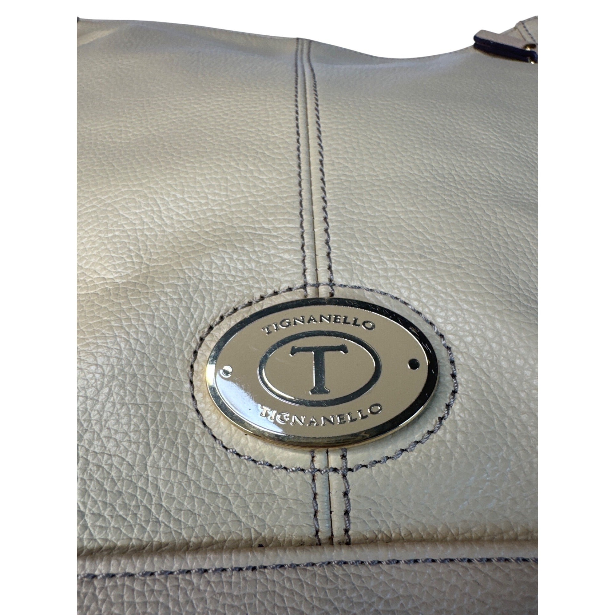 Tignanello Beige Pebbled Leather Shoulder Bag With Gold Hardware & Zipper Accents
