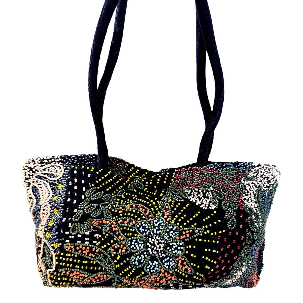 Zara Beaded Multicolor Floral Velvet Handbag With Double Handles