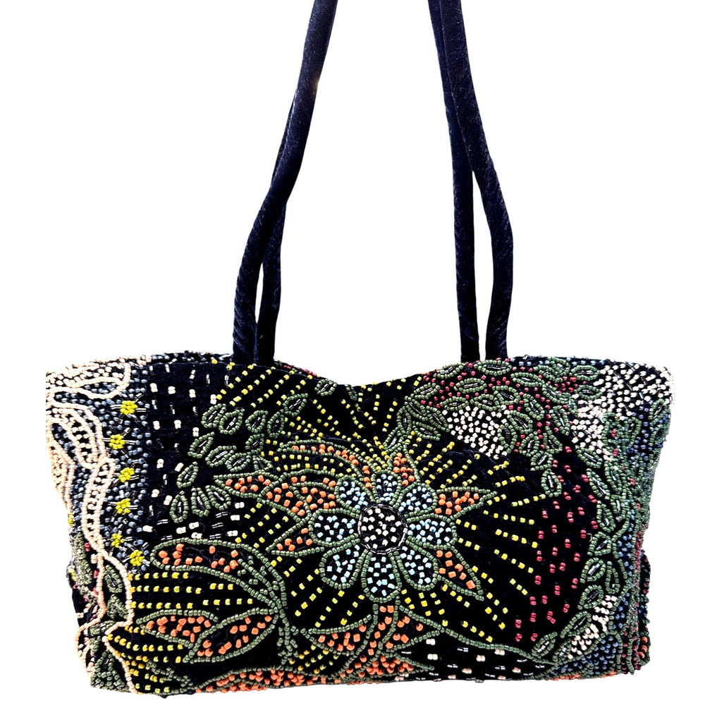 Zara Beaded Multicolor Floral Velvet Handbag With Double Handles