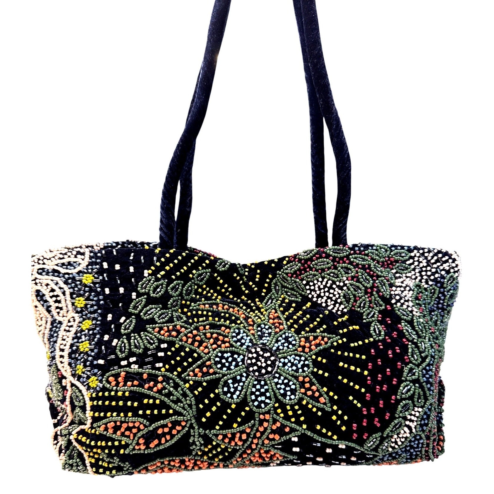 Zara Beaded Multicolor Floral Velvet Handbag With Double Handles