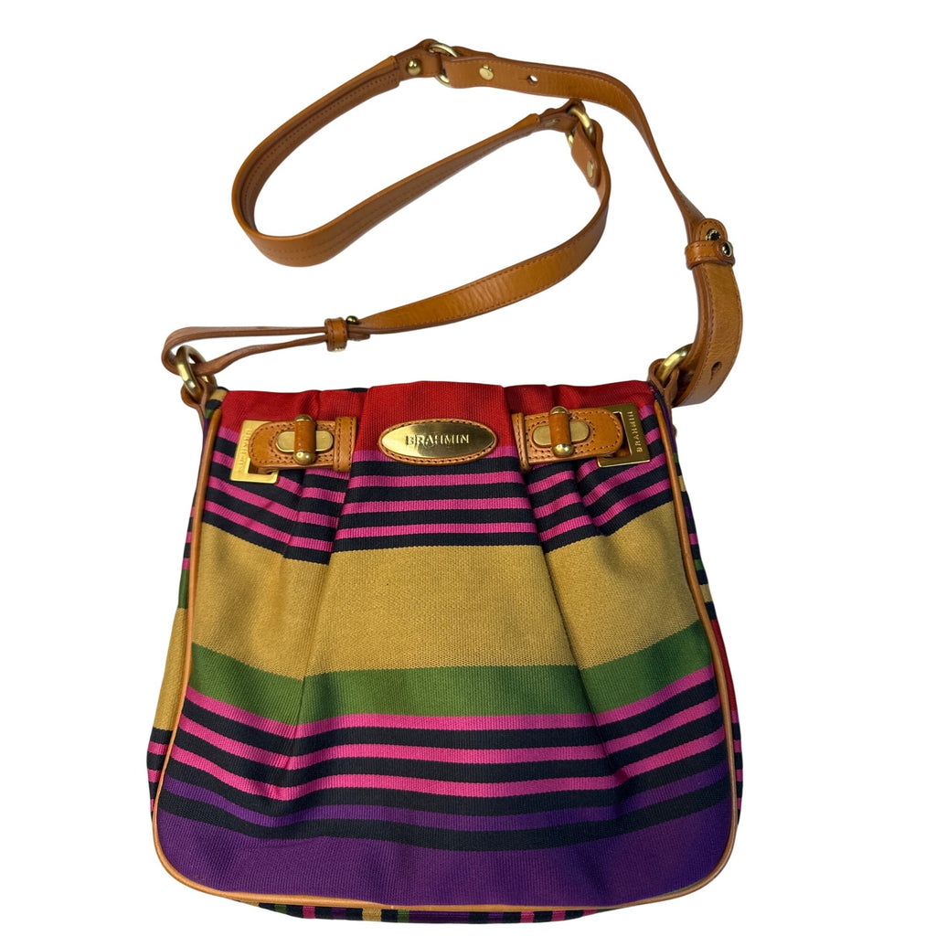 Brahmin Multicolor Stripe Canvas/Leather Crossbody Shoulder Bag W/Adjust. Strap