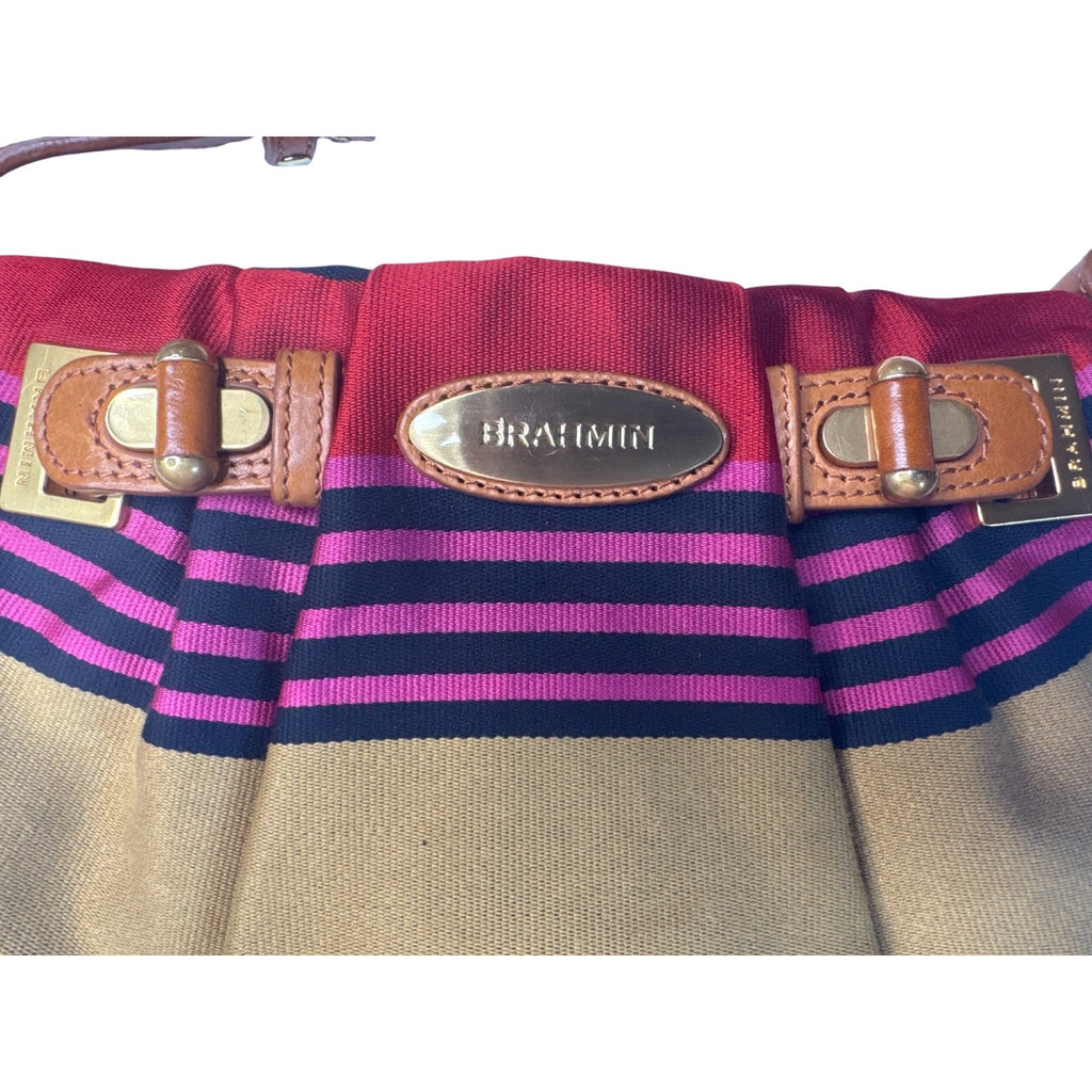 Brahmin Multicolor Stripe Canvas/Leather Crossbody Shoulder Bag W/Adjust. Strap