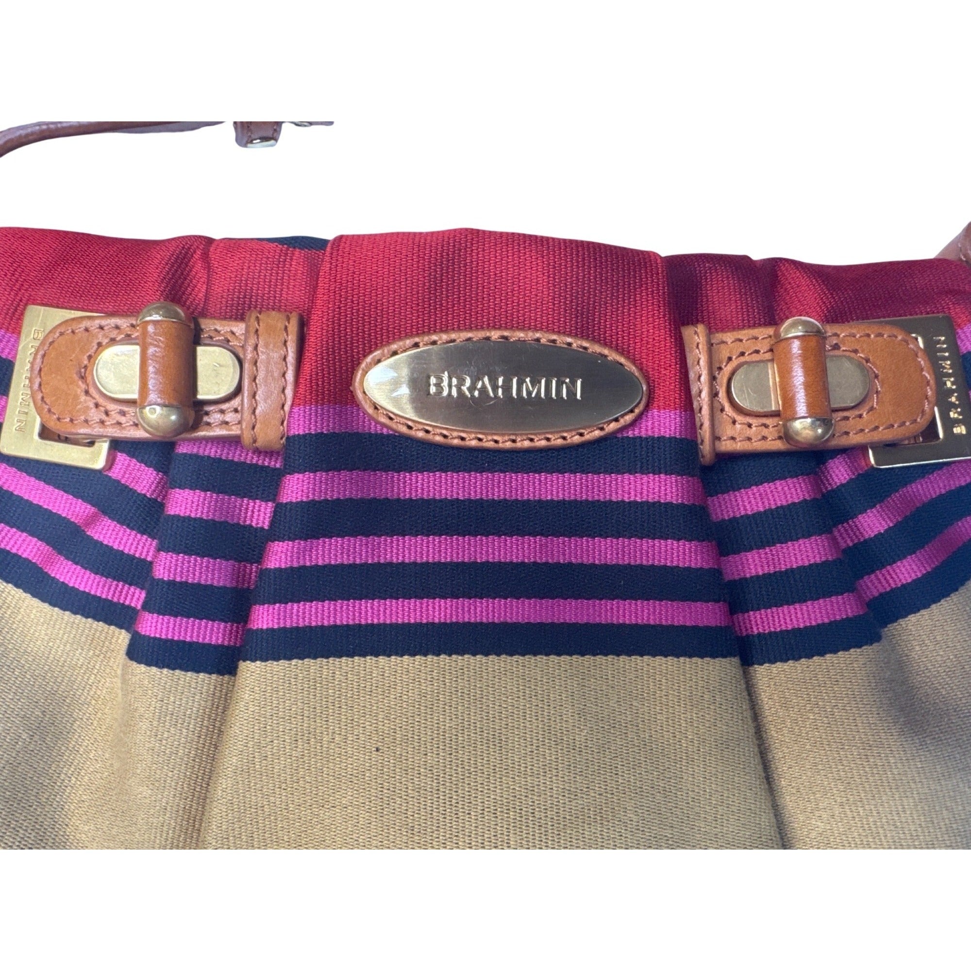Brahmin Multicolor Stripe Canvas/Leather Crossbody Shoulder Bag W/Adjust. Strap
