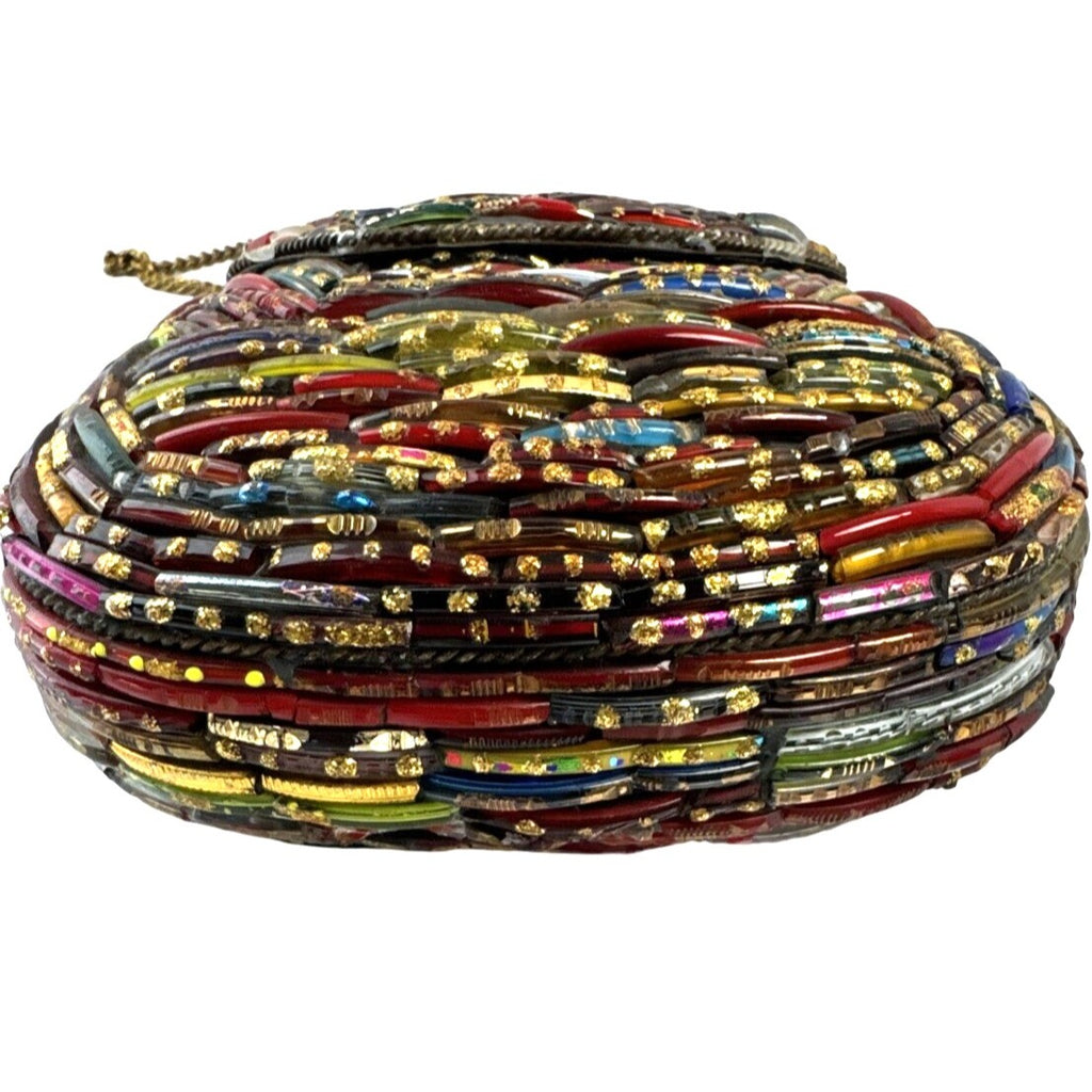 Tara Handcrafted Multicolor Glass Beaded Crossbody Bag W/Gold Chain Strap