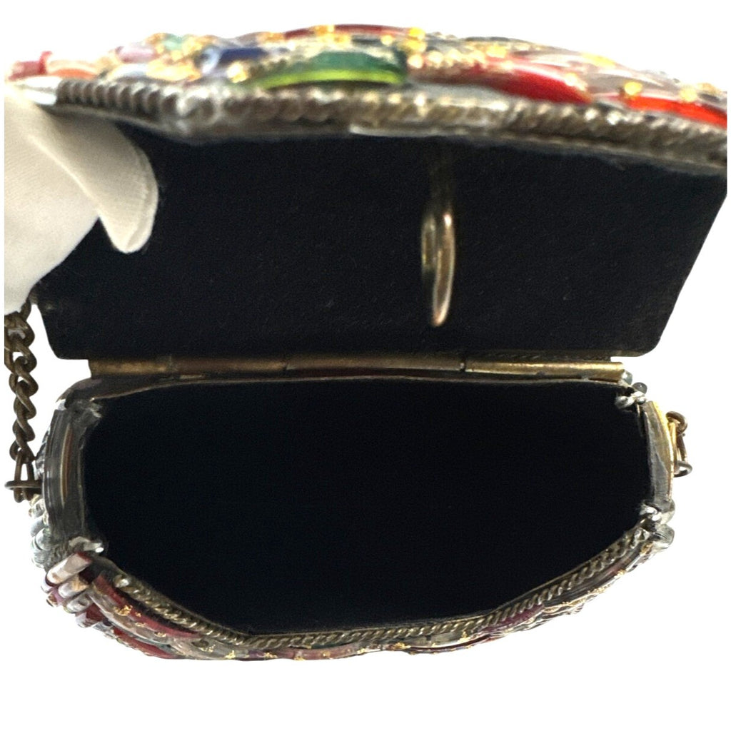 Tara Handcrafted Multicolor Glass Beaded Crossbody Bag W/Gold Chain Strap