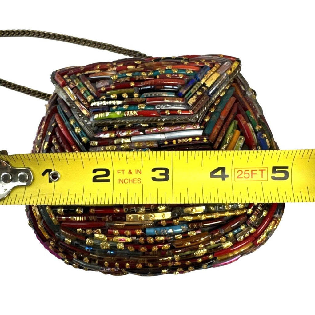 Tara Handcrafted Multicolor Glass Beaded Crossbody Bag W/Gold Chain Strap