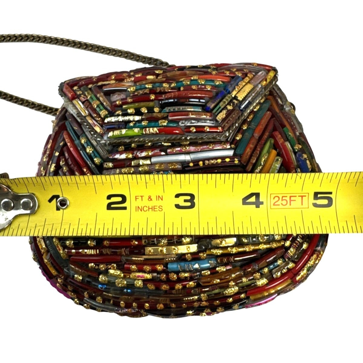 Tara Handcrafted Multicolor Glass Beaded Crossbody Bag W/Gold Chain Strap