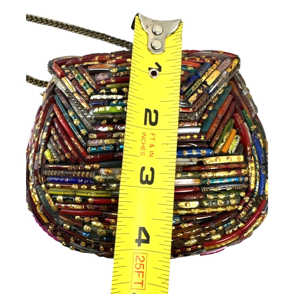 Tara Handcrafted Multicolor Glass Beaded Crossbody Bag W/Gold Chain Strap