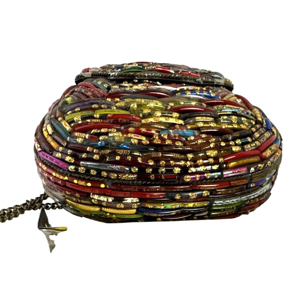 Tara Handcrafted Multicolor Glass Beaded Crossbody Bag W/Gold Chain Strap