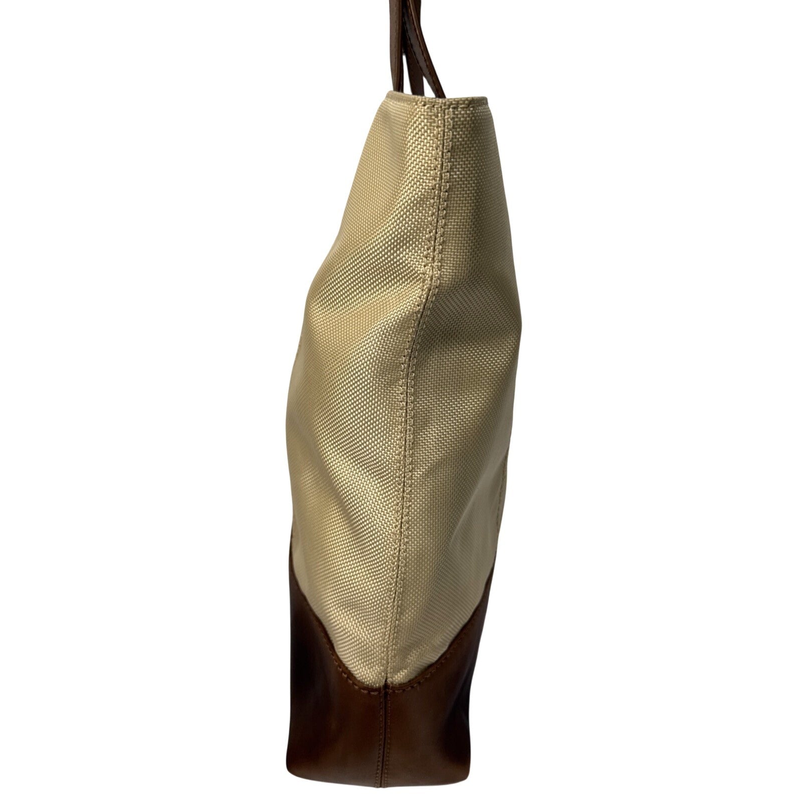 Tumi Beige Canvas & Brown Leather Tote Bag With Rear Zip Pocket And Handles