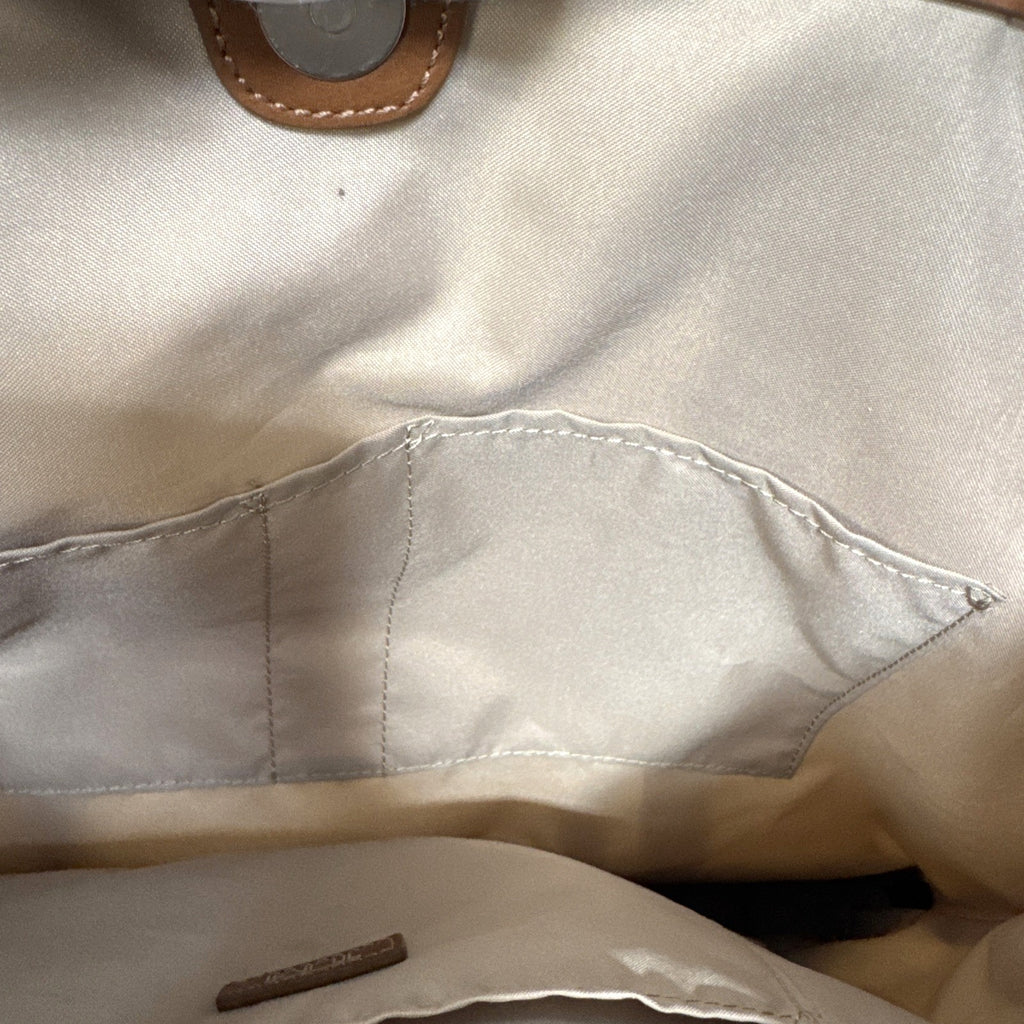 Tumi Beige Canvas & Brown Leather Tote Bag With Rear Zip Pocket And Handles
