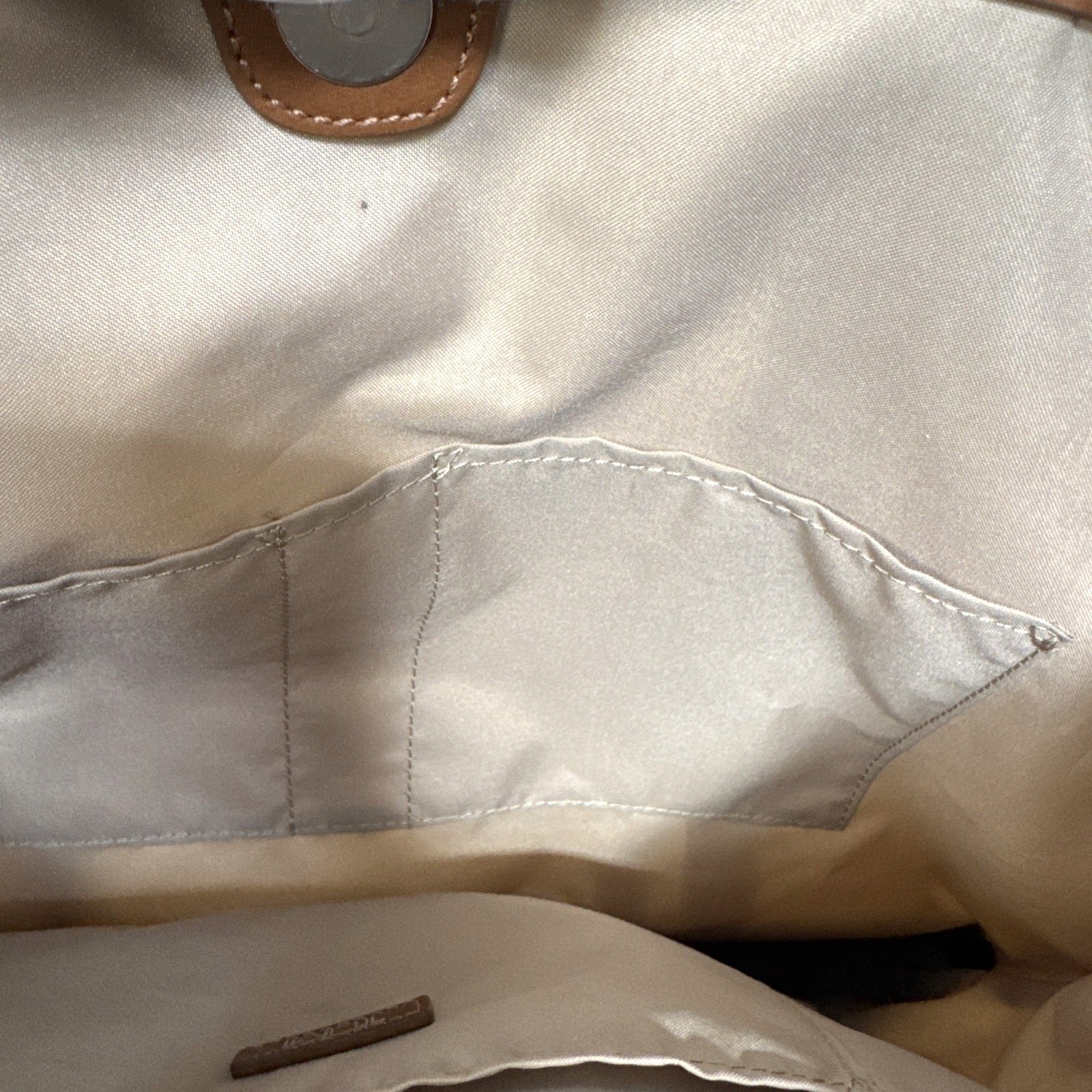 Tumi Beige Canvas & Brown Leather Tote Bag With Rear Zip Pocket And Handles