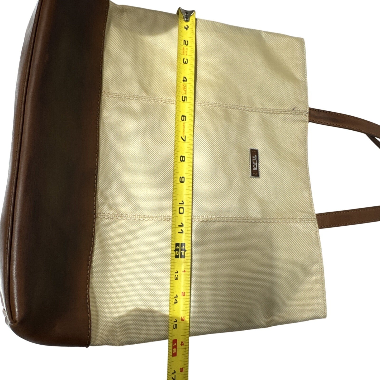 Tumi Beige Canvas & Brown Leather Tote Bag With Rear Zip Pocket And Handles