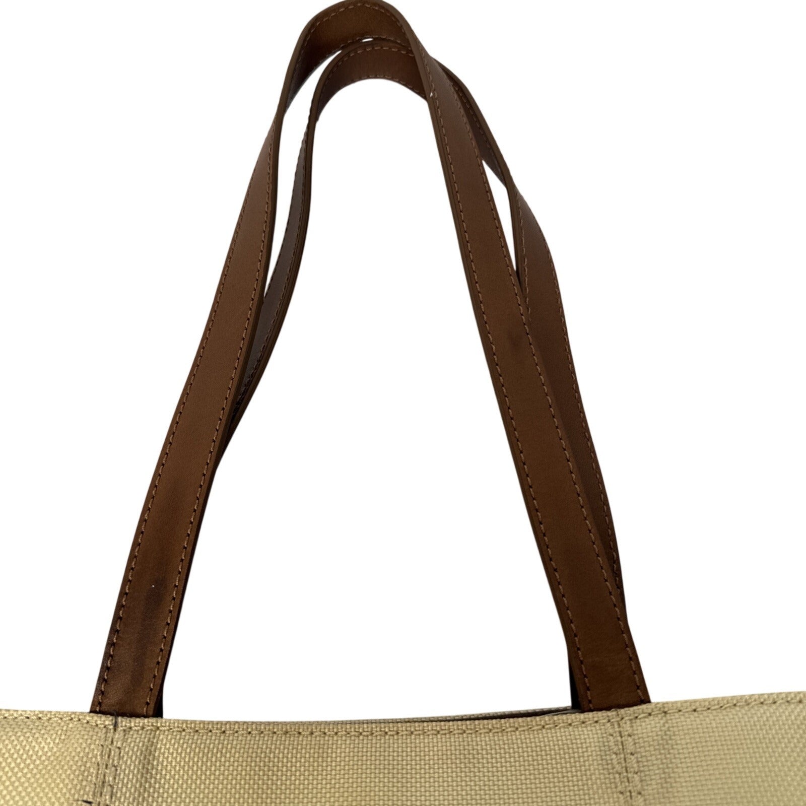 Tumi Beige Canvas & Brown Leather Tote Bag With Rear Zip Pocket And Handles