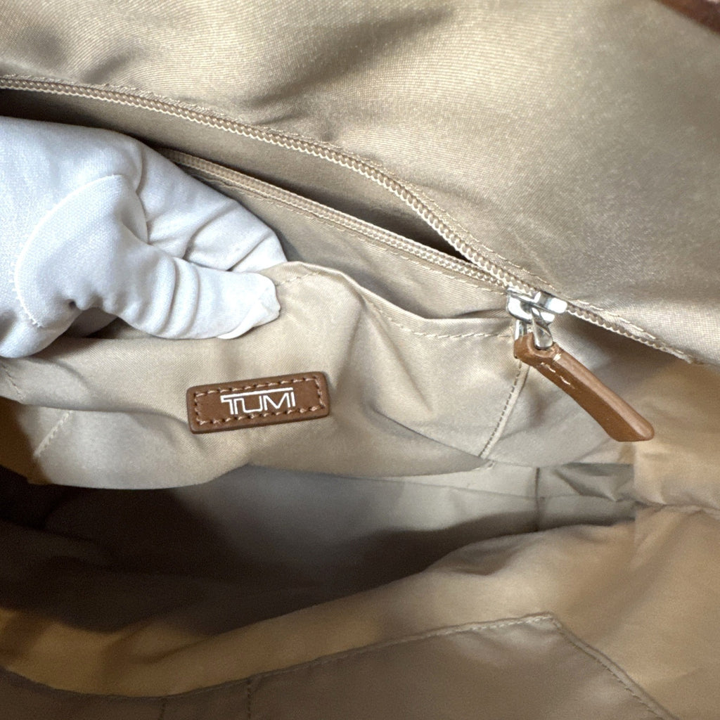 Tumi Beige Canvas & Brown Leather Tote Bag With Rear Zip Pocket And Handles