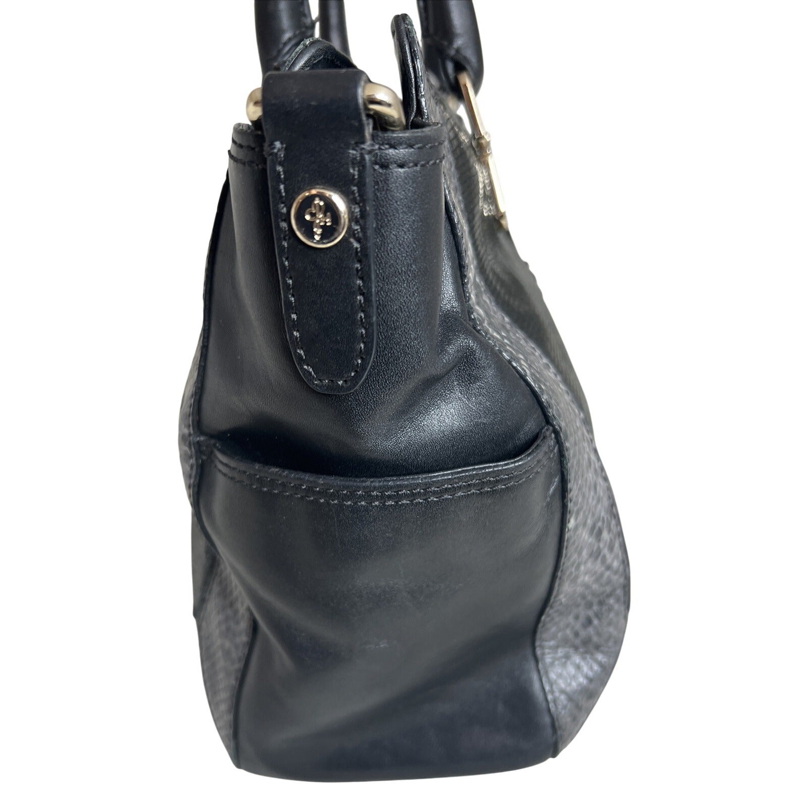 Cole Haan Black Leather & Snakeskin Tote Bag With Gold Hardware & Red Lining