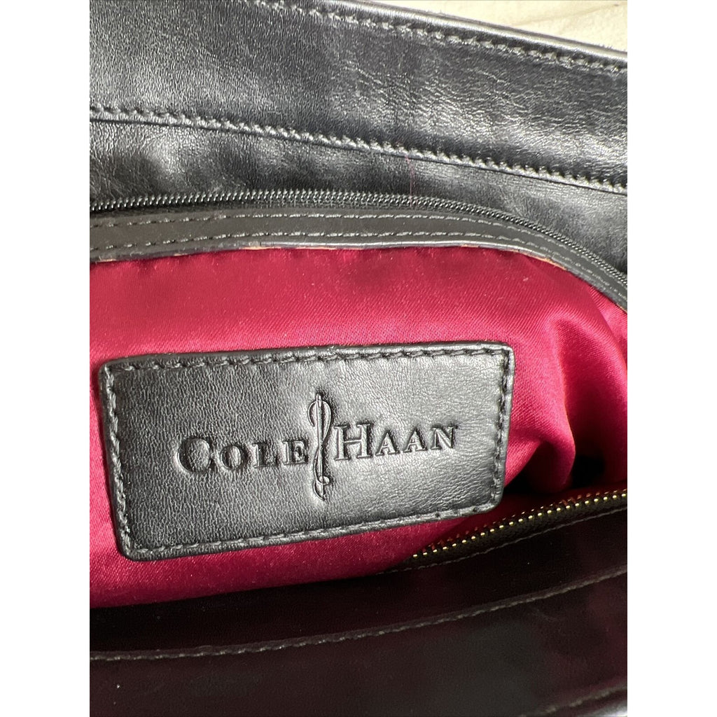 Cole Haan Black Leather & Snakeskin Tote Bag With Gold Hardware & Red Lining