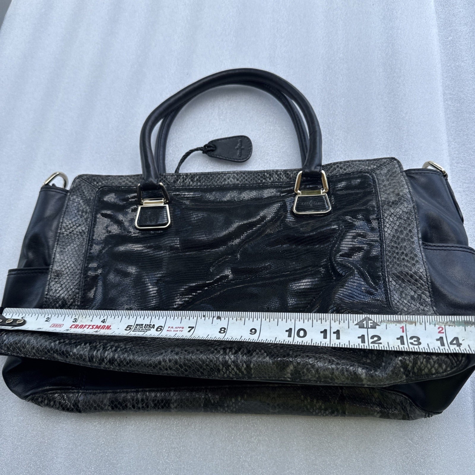 Cole Haan Black Leather & Snakeskin Tote Bag With Gold Hardware & Red Lining
