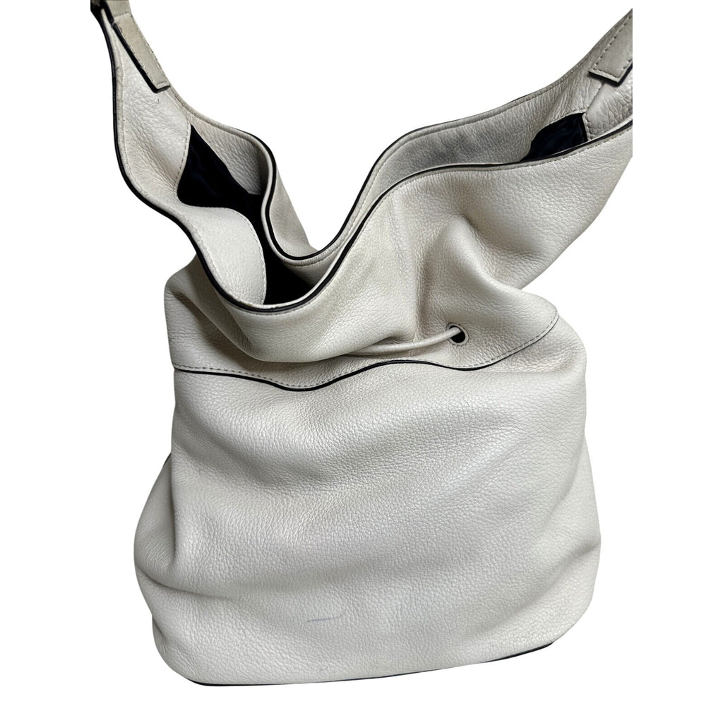 DKNY White Leather Drawstring Shoulder Bag With Tassels
