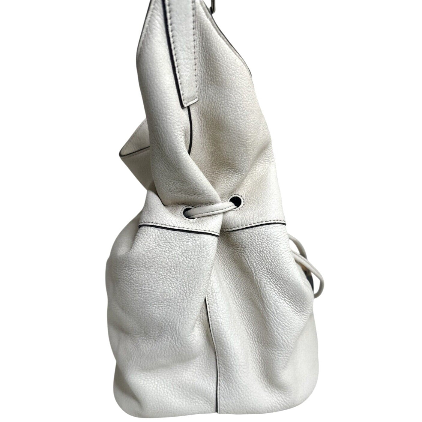 DKNY White Leather Drawstring Shoulder Bag With Tassels