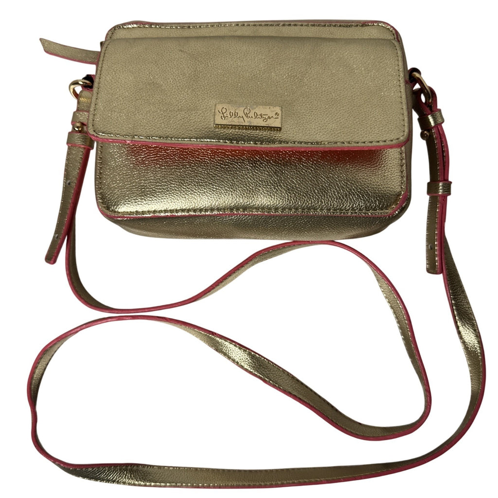 Lilly Pulitzer Metallic Gold Crossbody Bag With Pink Trim