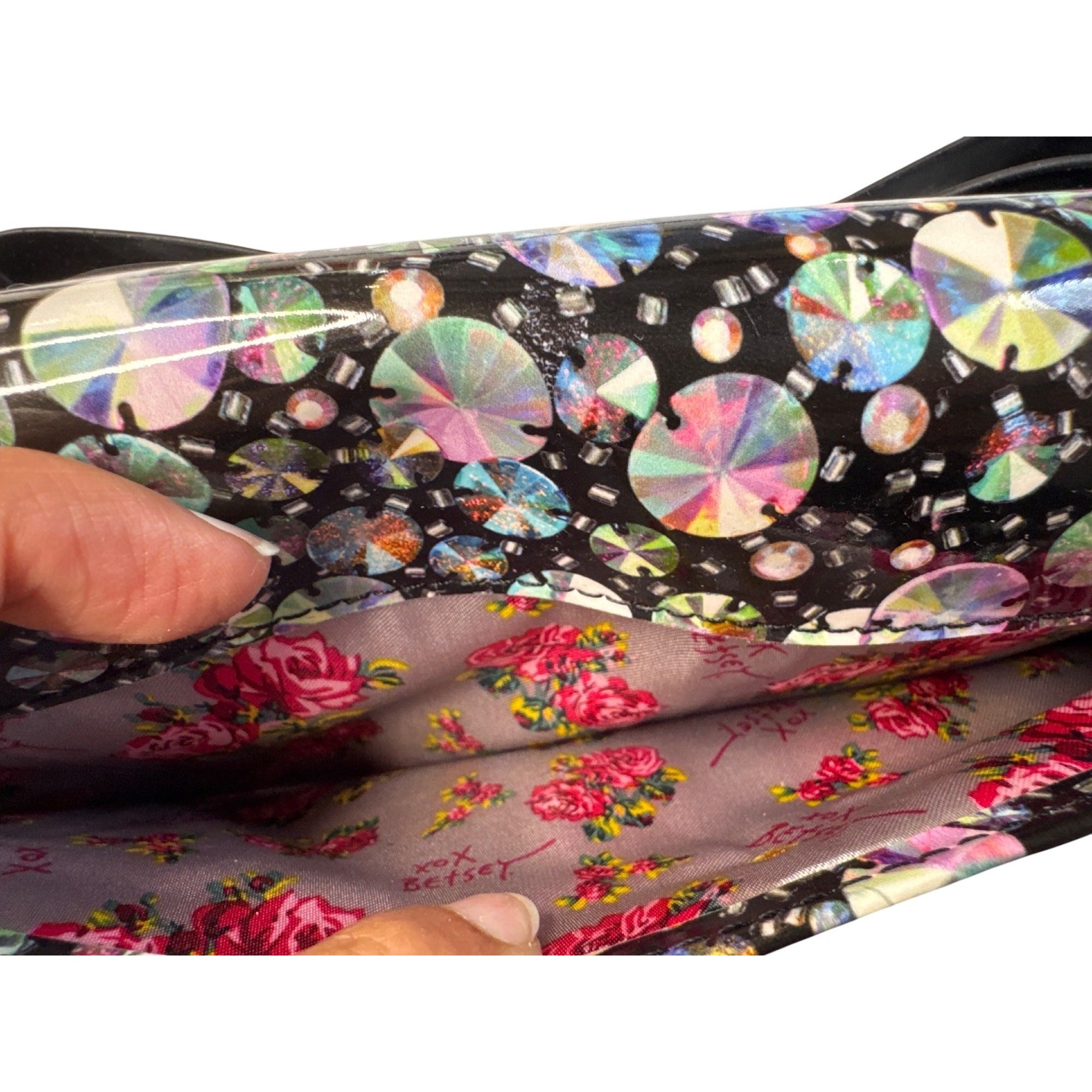 NWT Betsey Johnson Gem Bow Crossbody Purse W/Floral Interior Gold Chain Strap