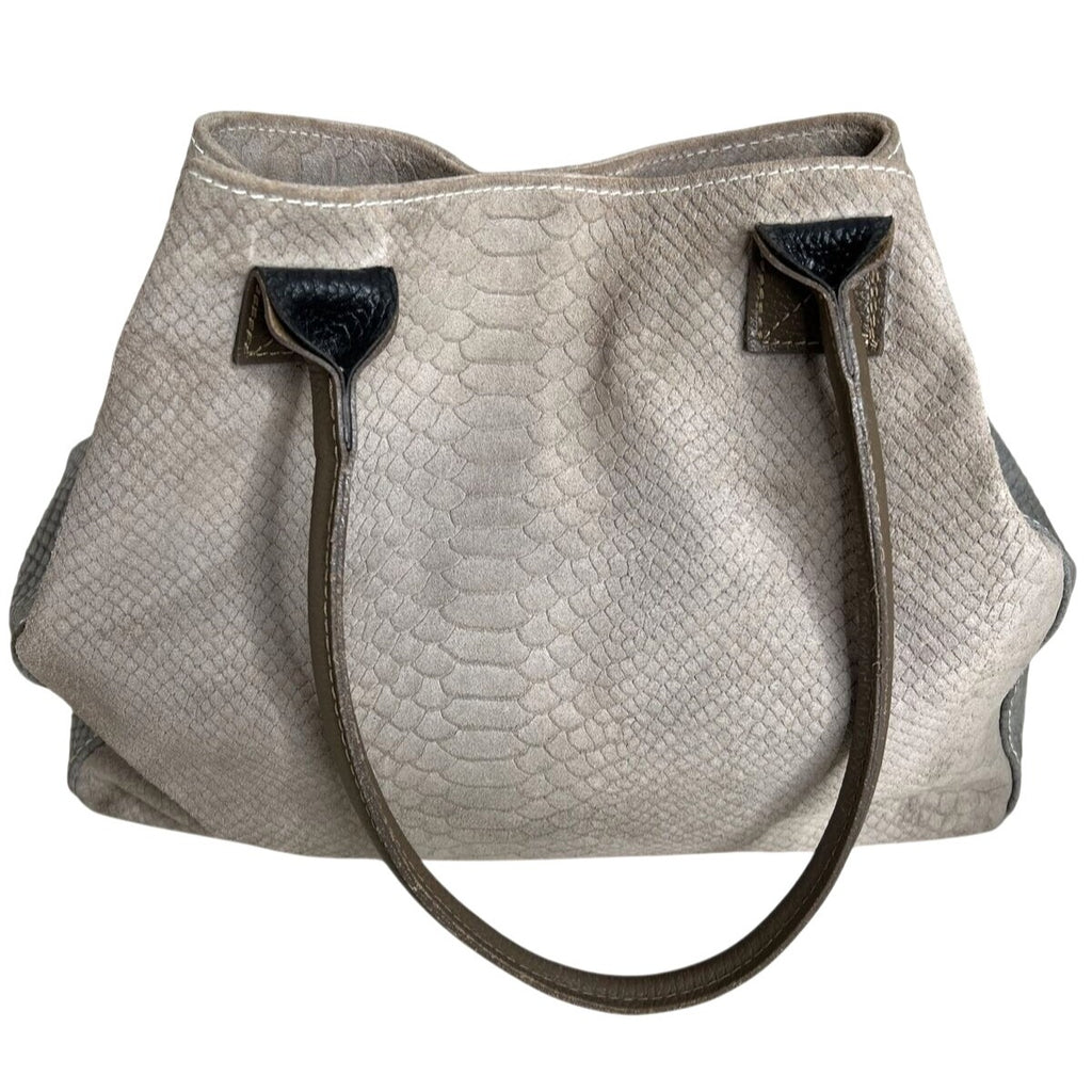 Genuine Leather Snake-Embossed Tote Bag With Double Handles Made In Italy Beige & Taupe