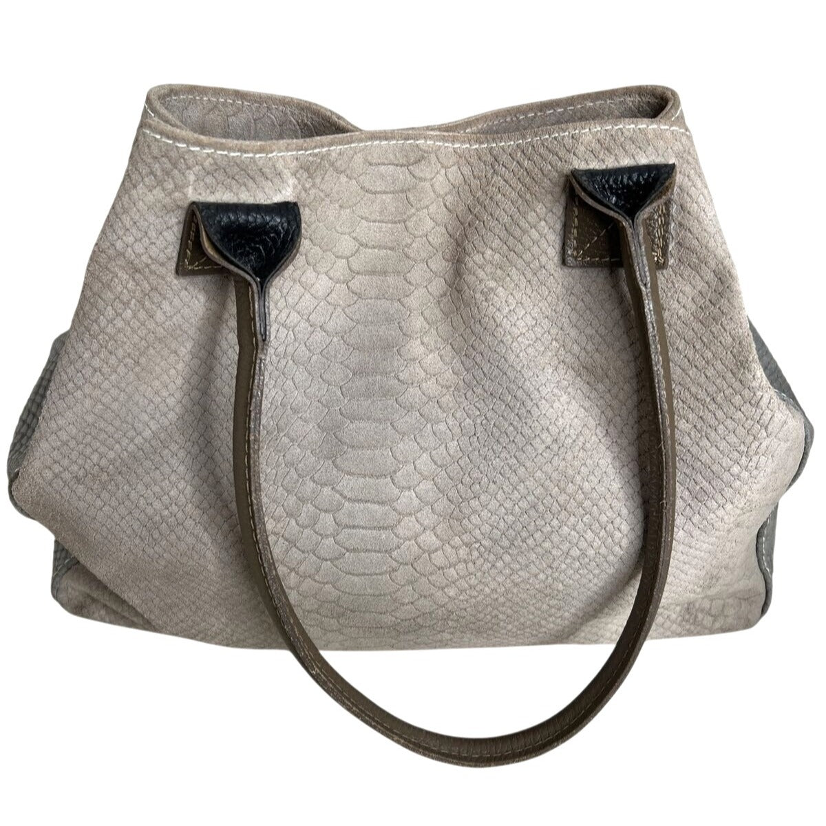 Genuine Leather Snake-Embossed Tote Bag With Double Handles Made In Italy Beige & Taupe
