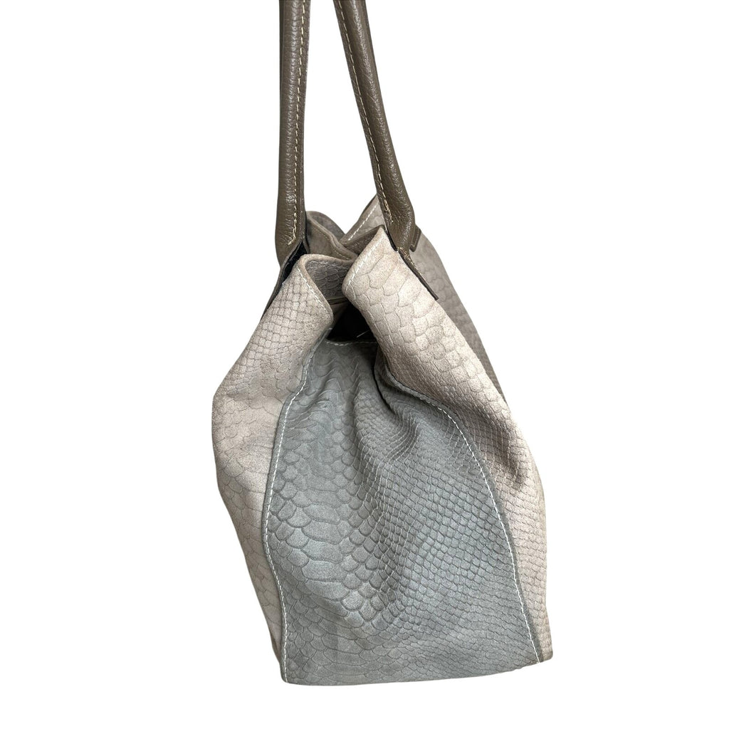Genuine Leather Snake-Embossed Tote Bag With Double Handles Made In Italy Beige & Taupe