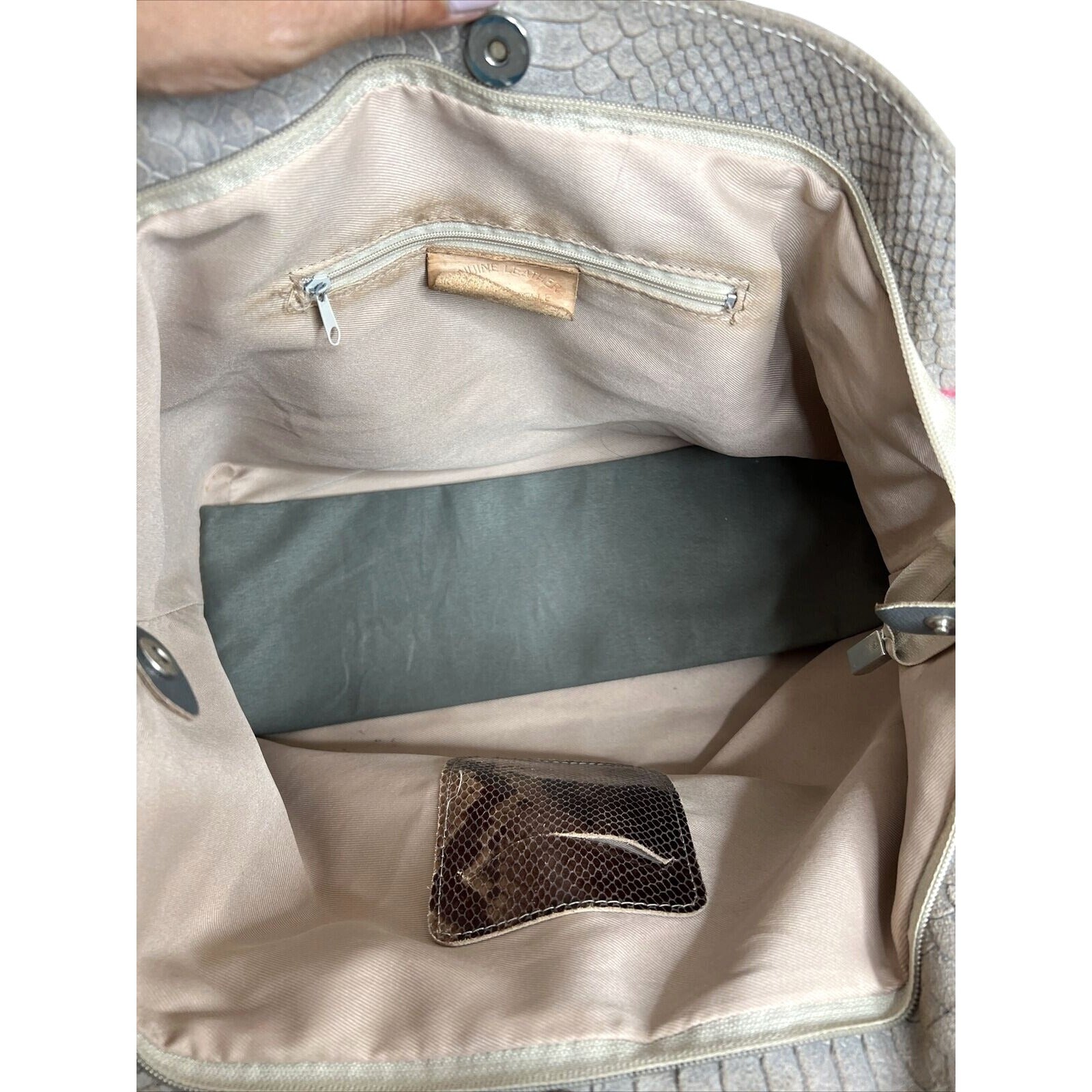 Genuine Leather Snake-Embossed Tote Bag With Double Handles Made In Italy Beige & Taupe