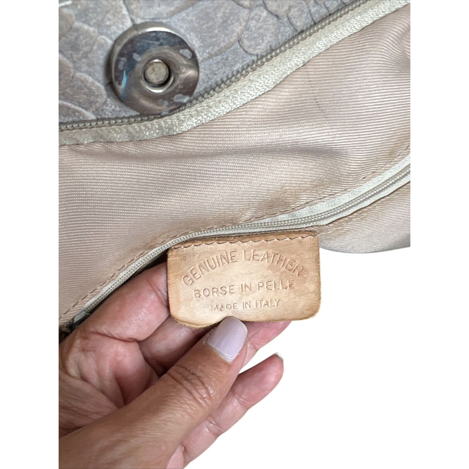 Genuine Leather Snake-Embossed Tote Bag With Double Handles Made In Italy Beige & Taupe
