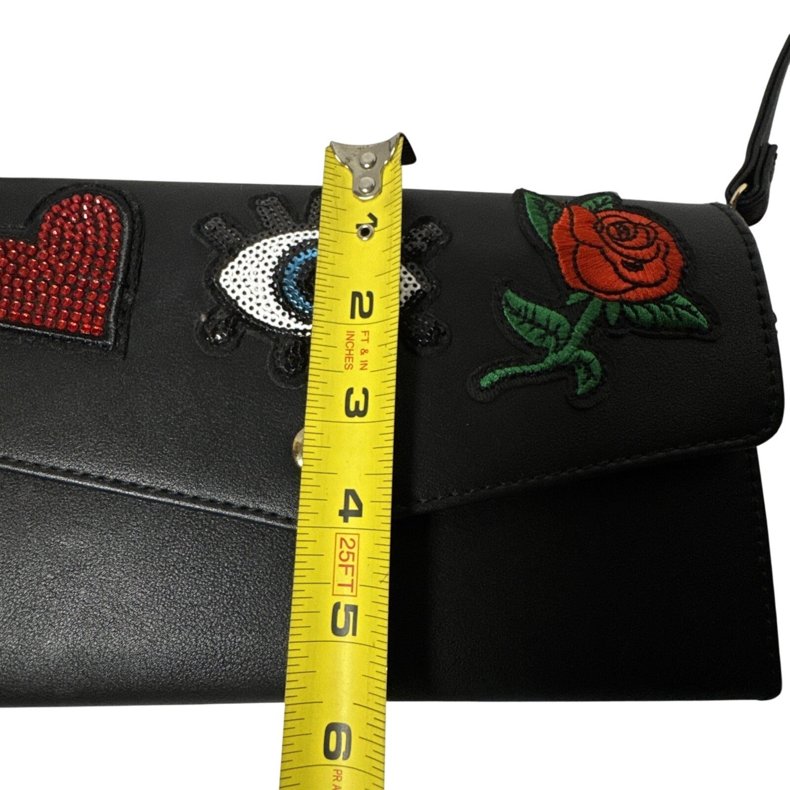 Aldo Black Crossbody Bag W/Embroidered Heart Eye, Rose Design Gold Hardware