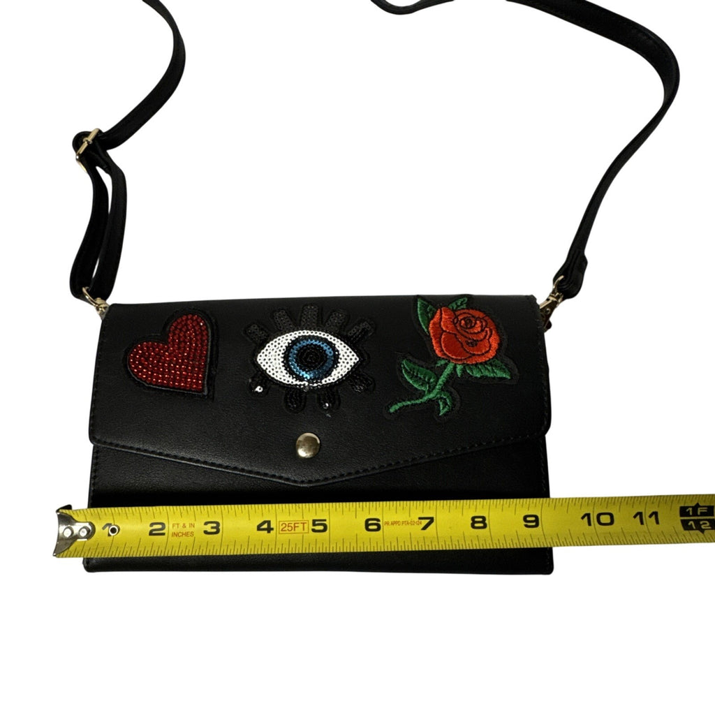 Aldo Black Crossbody Bag W/Embroidered Heart Eye, Rose Design Gold Hardware
