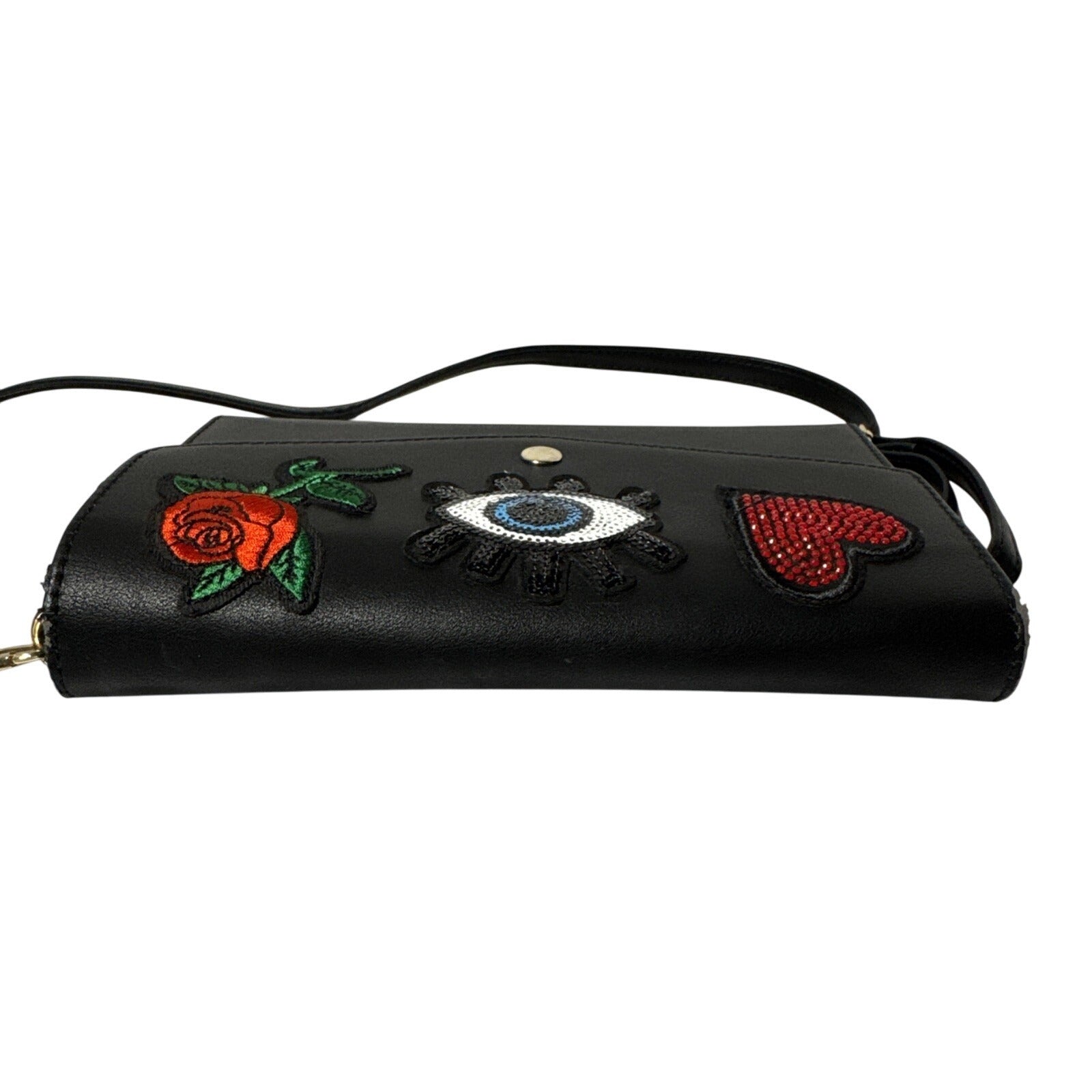 Aldo Black Crossbody Bag W/Embroidered Heart Eye, Rose Design Gold Hardware