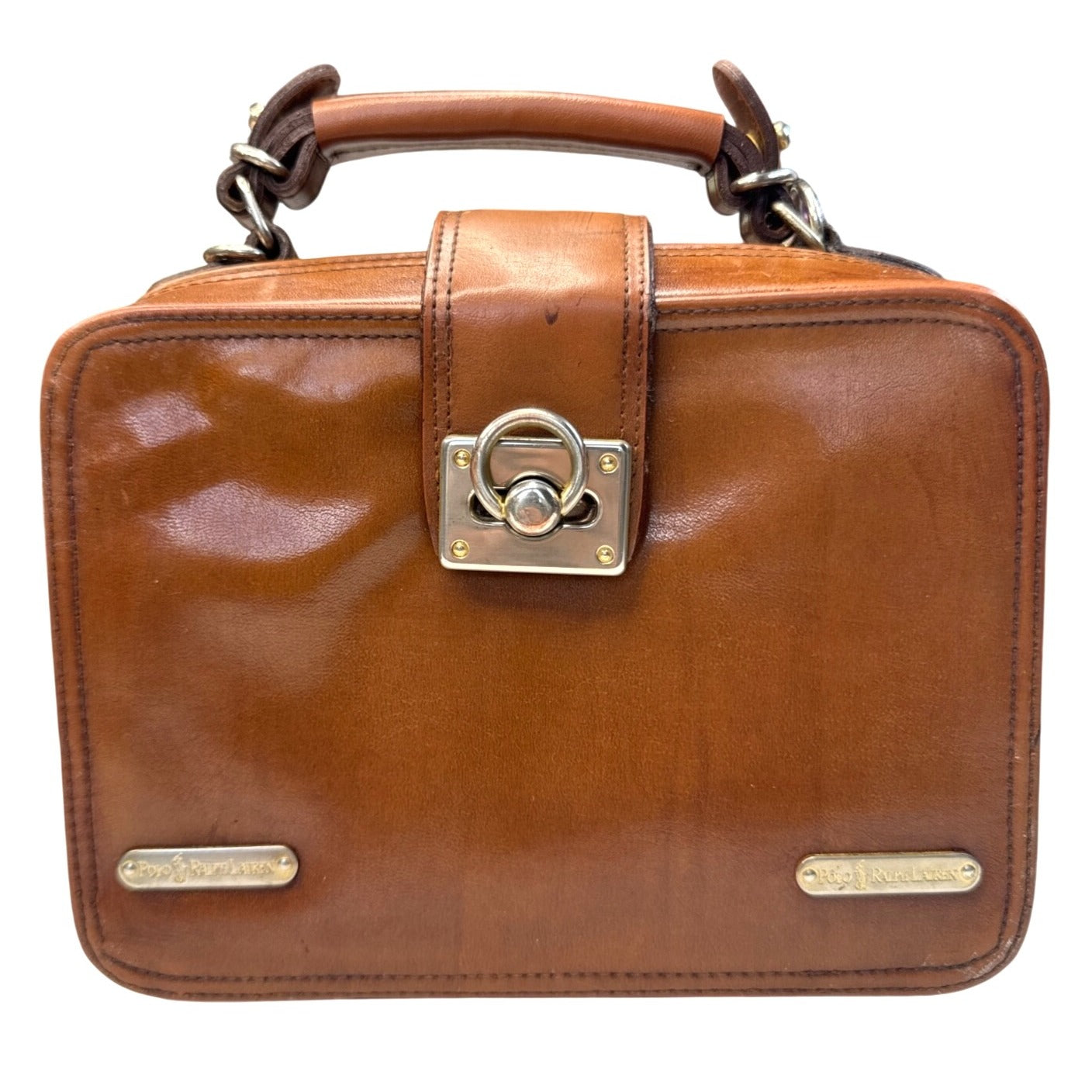 Polo Ralph Lauren Brown Leather Handbag With Gold Hardware & Top Handle