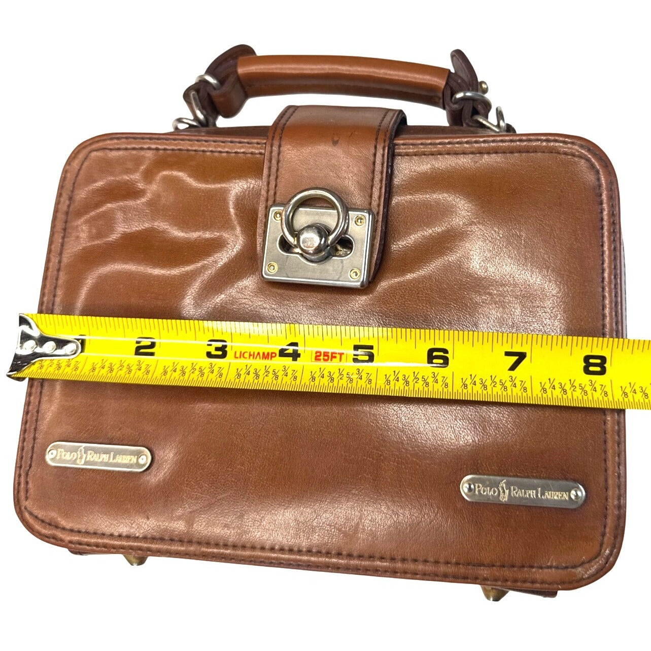 Polo Ralph Lauren Brown Leather Handbag With Gold Hardware & Top Handle