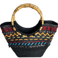 Black Woven Tote With Bamboo Handles & Colorful Embellishments