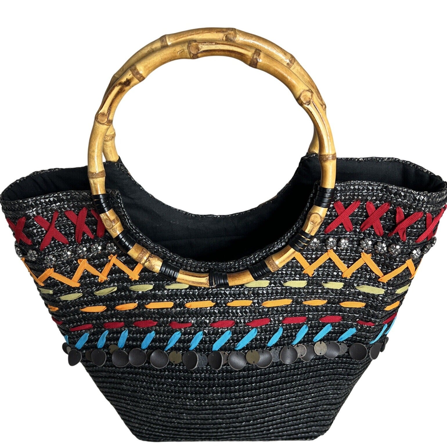 Black Woven Tote With Bamboo Handles & Colorful Embellishments