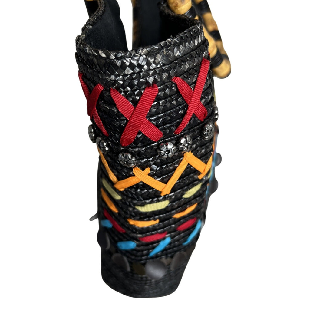 Black Woven Tote With Bamboo Handles & Colorful Embellishments