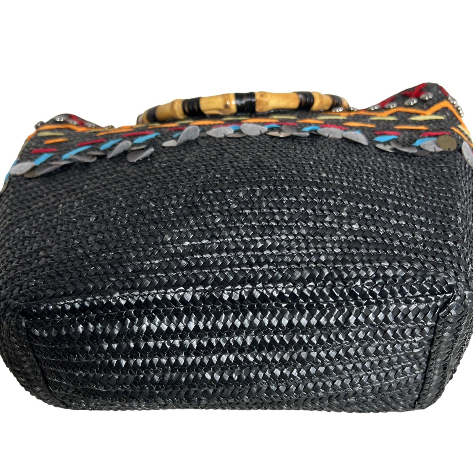 Black Woven Tote With Bamboo Handles & Colorful Embellishments