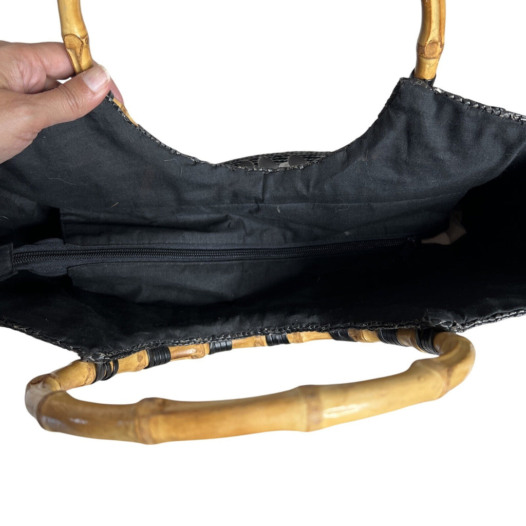 Black Woven Tote With Bamboo Handles & Colorful Embellishments