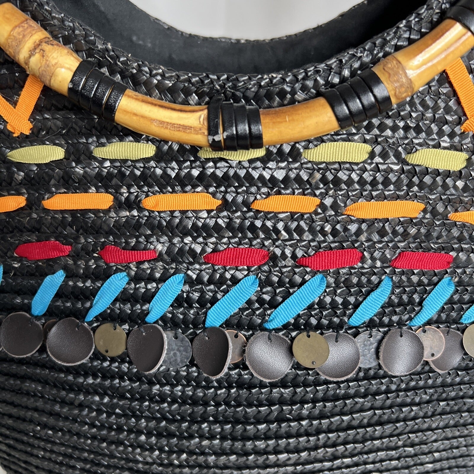Black Woven Tote With Bamboo Handles & Colorful Embellishments