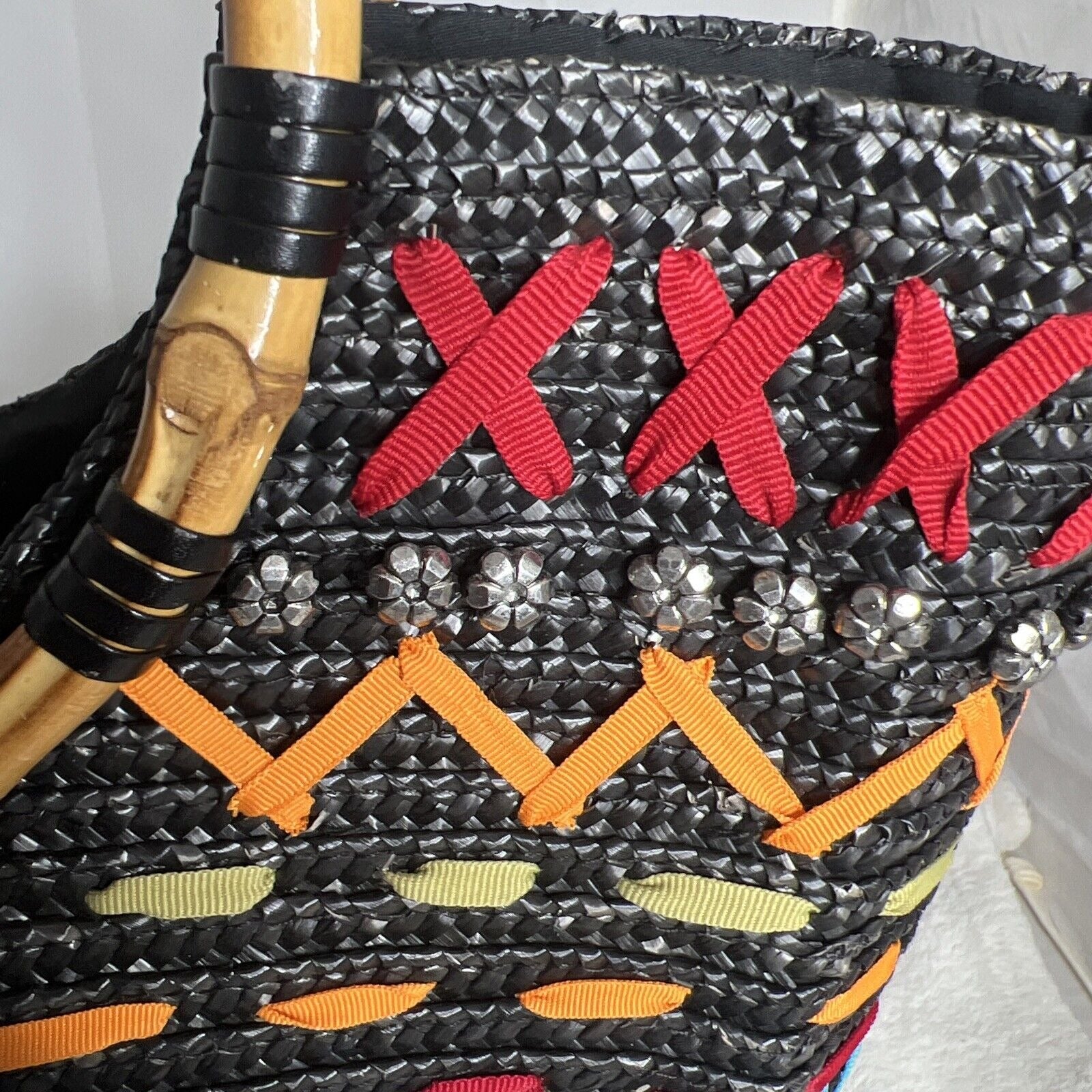 Black Woven Tote With Bamboo Handles & Colorful Embellishments