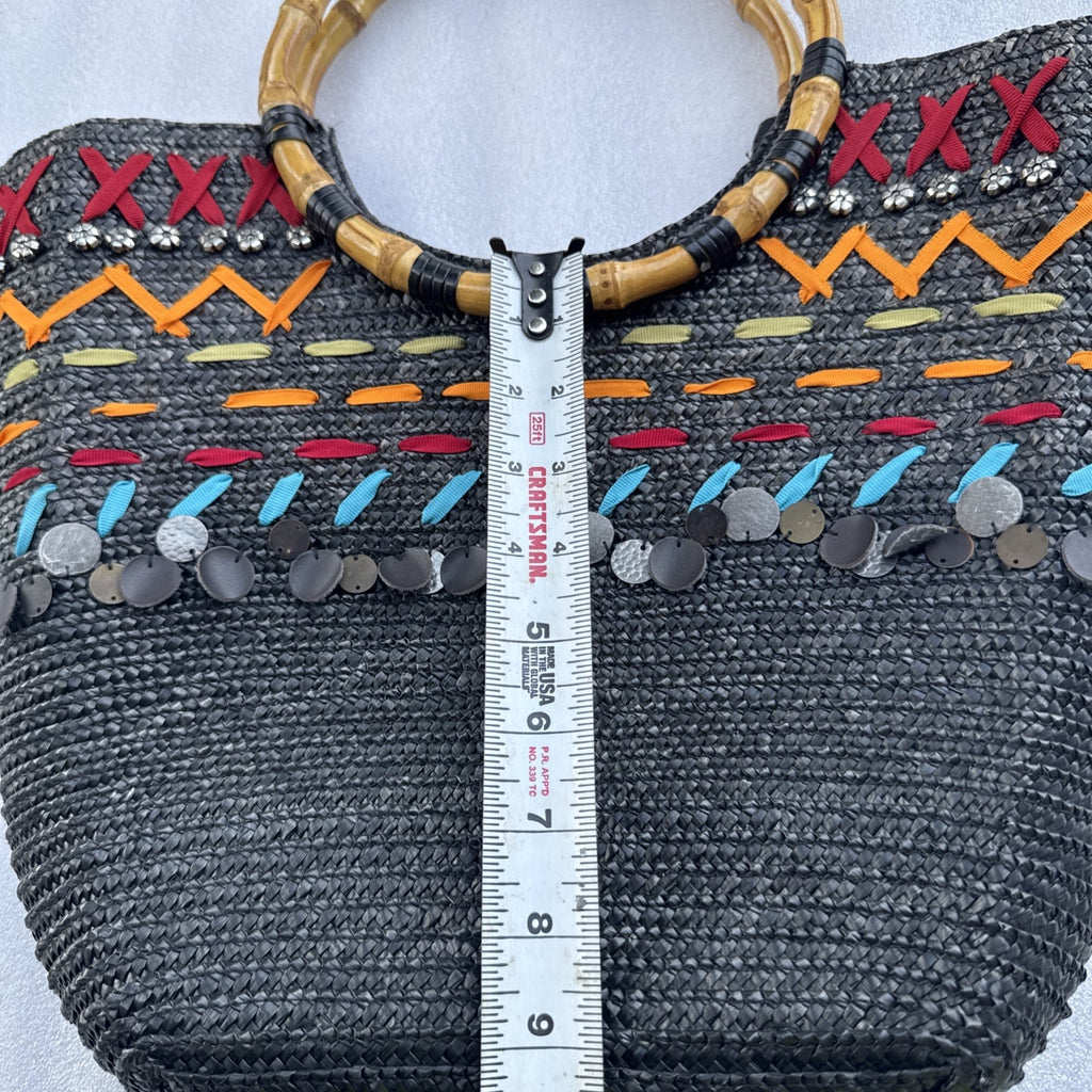 Black Woven Tote With Bamboo Handles & Colorful Embellishments
