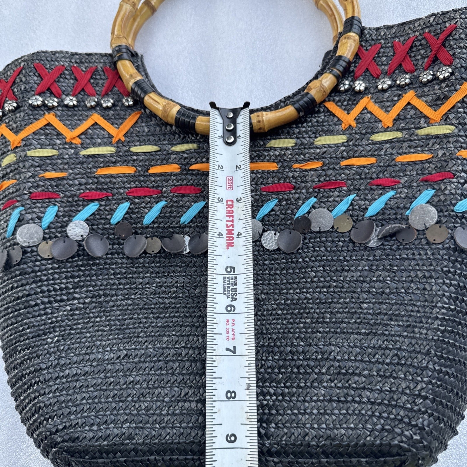 Black Woven Tote With Bamboo Handles & Colorful Embellishments