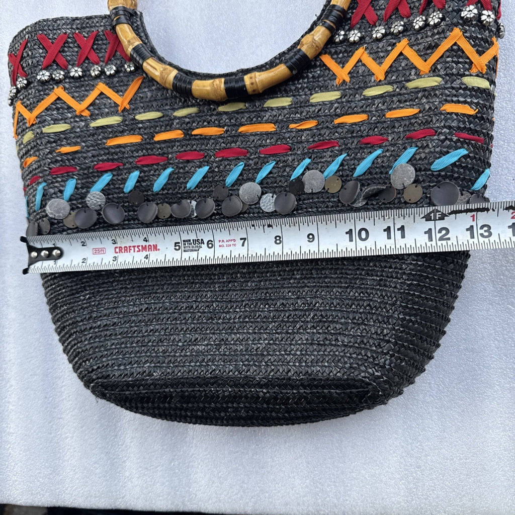 Black Woven Tote With Bamboo Handles & Colorful Embellishments