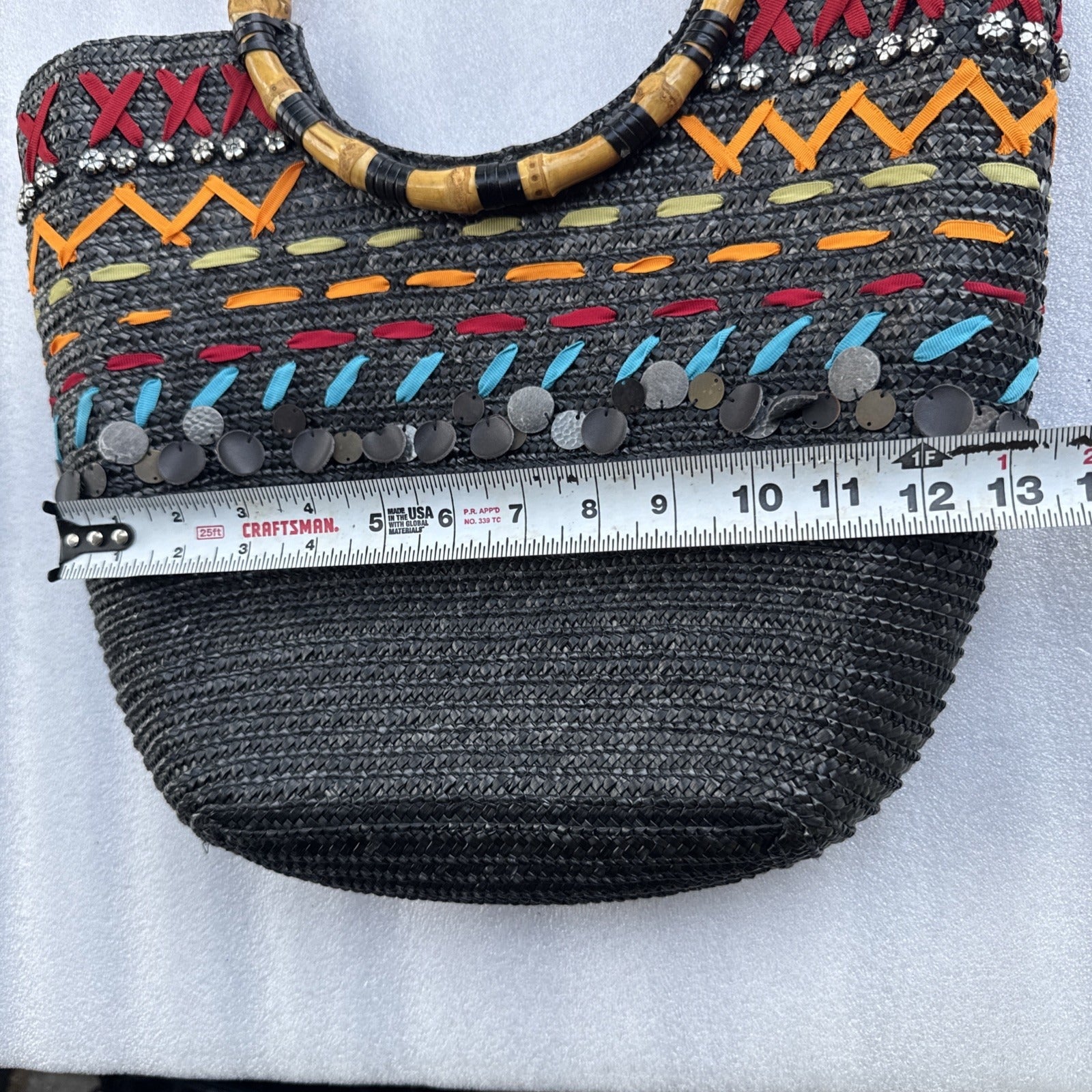 Black Woven Tote With Bamboo Handles & Colorful Embellishments