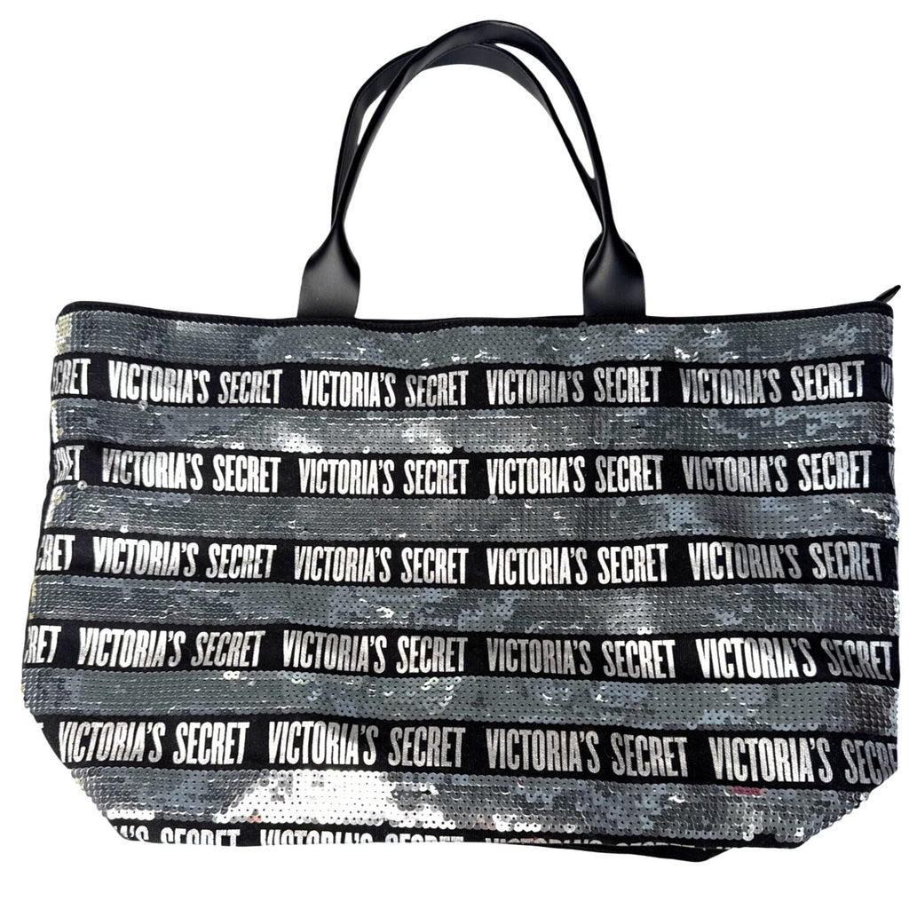 Victorias Secret Large Sequin Tote Bag Black & Silver With Zip Closure