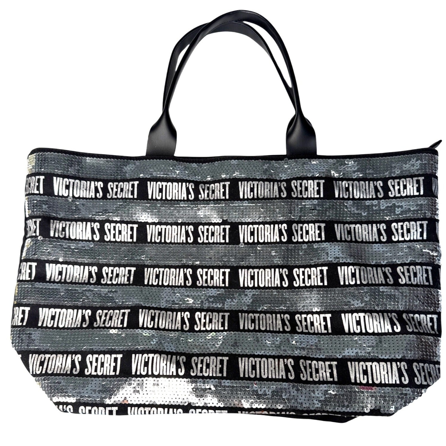 Victorias Secret Large Sequin Tote Bag Black & Silver With Zip Closure