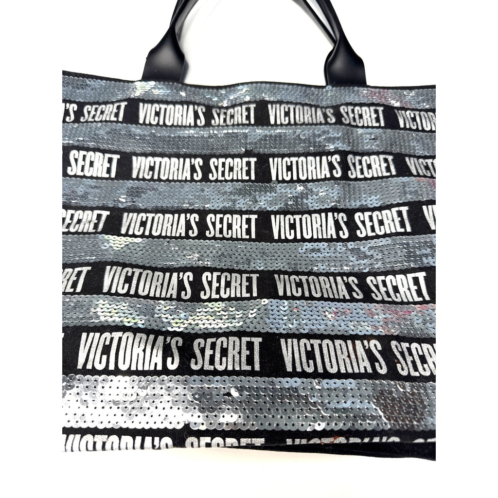 Victorias Secret Large Sequin Tote Bag Black & Silver With Zip Closure